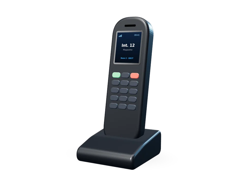 Telefono cordless DECT appoggiato sulla base di ricarica